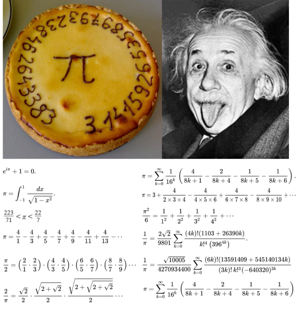 Image of pie with digits of pi
Pic of Einstein
Few equations for pi