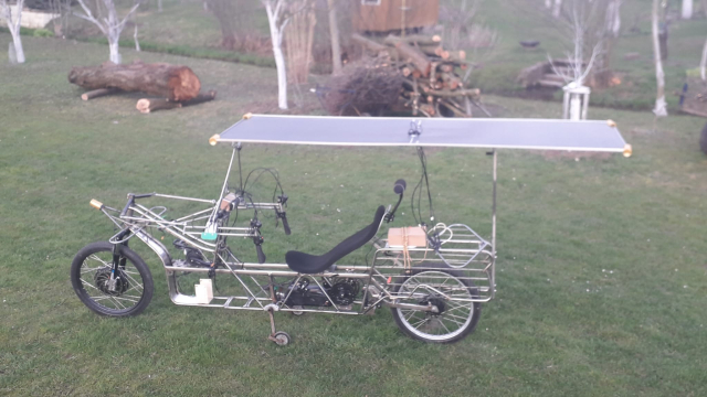 Solar bicycle under construction.