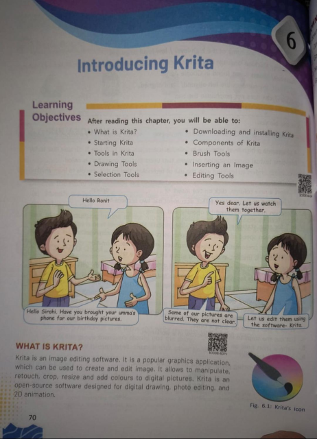 Photo of a page from a primary school text book that introduces Krita.