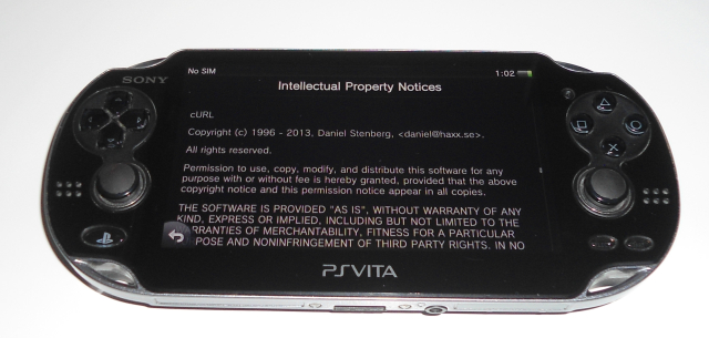 PlayStation Vita. Displays page with the headline "Intellectual Property Notices" and cURL license text as the body.