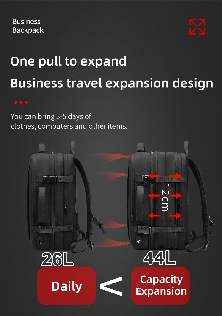 Black backpack expandable from 26 to 44l