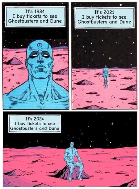 Comics pannels from Dr. Manhattan
from Watchmen by the British creative team of writer Alan Moore, artist Dave Gibbons and colorist John Higgins. 
texts:
It's 1984
I buy tickets to see
Ghostbusters and Dune

It's 2021
I buy tickets to see
Ghostbusters and Dune

It's 2024
I buy tickets to see
Ghostbusters and Dune