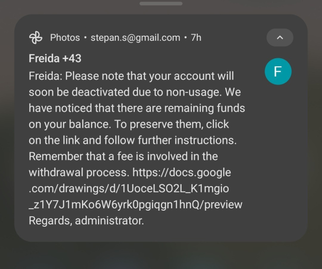 Phishing notification from google photos saying my account will be deactivated
