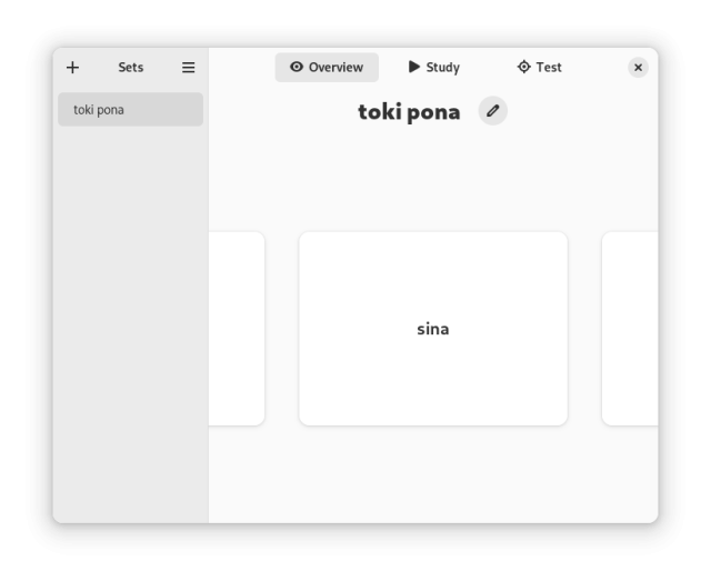 A screenshot of Memorize, showing the overview for a set titled "toki pona"