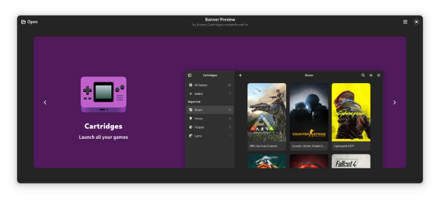 Cartridges screenshot on a Banner Previewer app on dark color sheme.