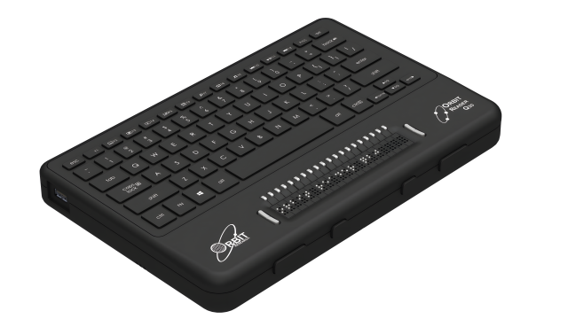 Left side Isometric view of the Orbit Q20 device, showcasing the cursor routing key, braille display, and QWERTY keyboard.