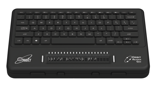 Front view of the Orbit Q20 device showcasing its features: Cursor routing keys, Braille display, and QWERTY keyboard.