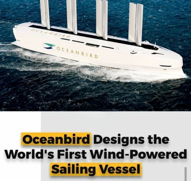 News article: ocean bird designs worlds first wind powered sailing vessel. Illustrated with a pic of a cruise ship with sails