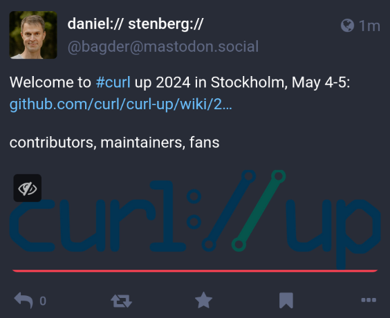 screenshot of bagder's post on dark grey background, thus lacking contrast on the curl://up logo