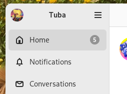 Screenshot of Tuba's sidebar in light mode. The selected item is 'Home'. At its end there's a grey badge with the number 5.