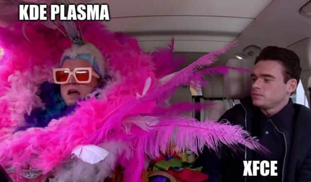 Two actors from some show/movie/series in a car. One, labelled KDE PLASMA, is dressed fabulously with sunglasses and with lots of pink feathers, and the other, labelled XFCE, is dress plainly while looking at the other.