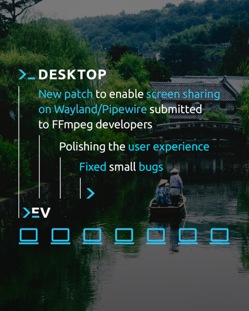 Desktop
Our work on FFmpeg to enable screen sharing on Wayland/Pipewire has been updated to consider feedback from FFmpeg developers.
We are also working on polishing the user experience and fix small issues across the board.