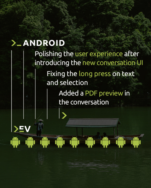 Android
We are working on fixing small issues such as the long press on text and selection.
We are also polishing the user experience after introducing the new conversation UI last release and added a PDF preview in the conversation.