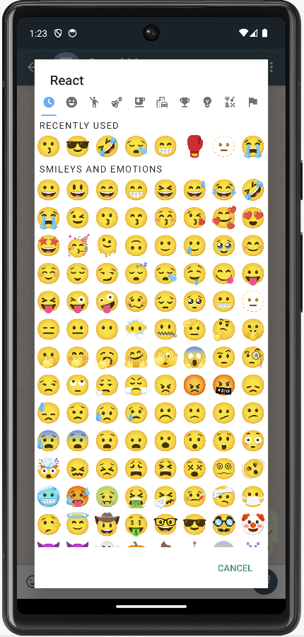 Android phone showing Delta Chat with an Emoji-Selector, allowing to select an Reaction to a message