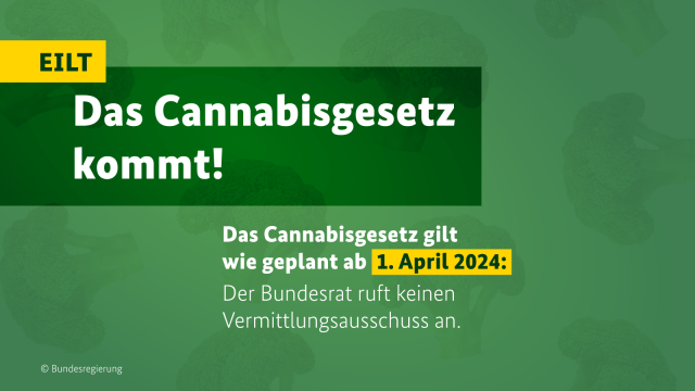 Das Cannabisgesetz kommt!

Das Cannabisgesetz gilt 
wie geplant ab 1. April 2024:
Der Bundesrat ruft keinen
Vermittlungsausschuss an.