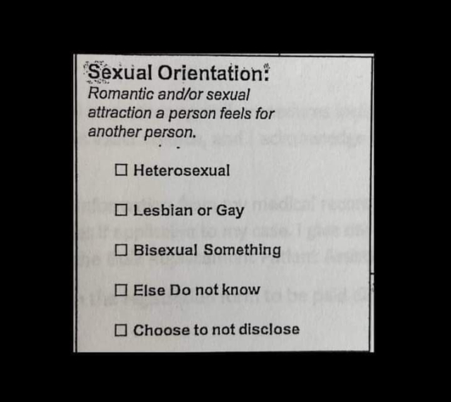 Sexual Orientation?

_ Heterosexual
_ Lesbian or Gay
_ Bisexual Something
_ Else do not know
_ Choose not to disclose