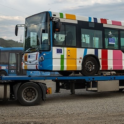 A photo of a colourful bus donated by the city of Luxembourg to help Ukrainian children go back to school
