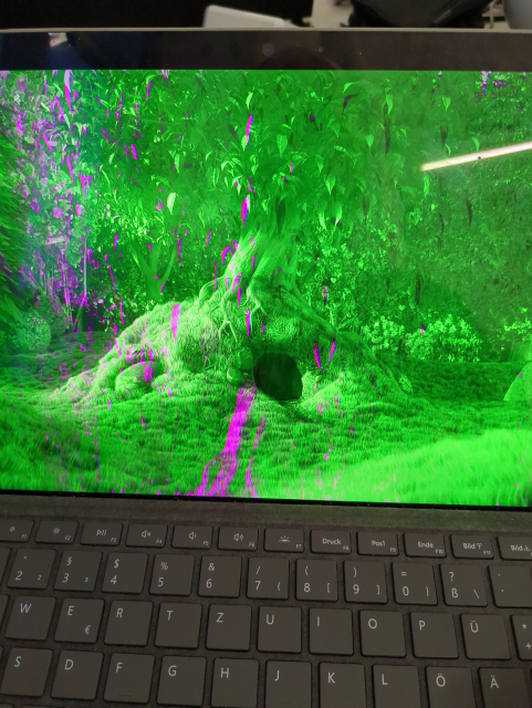 The picture shows a laptop screen playing a video in zero-copy mode - but the colors of the video are heavily off and mostly green, with a some purple.