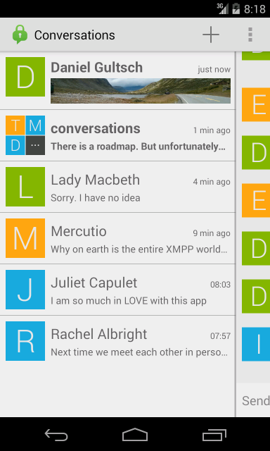 A screenshot of the Conversations app how it looked in 2014. The conversation overview is visible. Holo Design. Sliding pane layout (to swipe between the current chat and the overview)