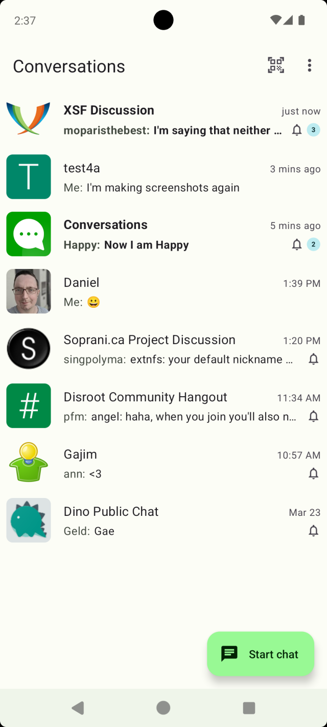 A screenshot of the Conversations app showing an overview of open chats. It uses Material 3 design language.