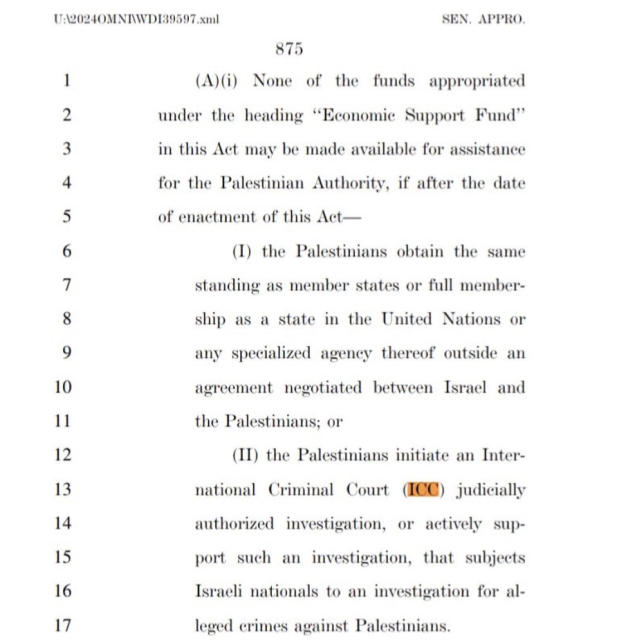 Screenshot of the law text, part of it reads: "None of the funds appropriated under the heading 'economic support fund' in this act may be made available for assistance for the Palestinian Authority, if after tge date of enactment of this act the Palestinians initiate an international criminal court judicially authorized investigation, or actively support such an investigation, that subjects Israeli nationals to an investigation for alleged crimes against Palestinians."