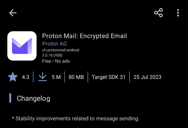 Screenshot of proton mail on Aurora App Store showing version 3.0.16.