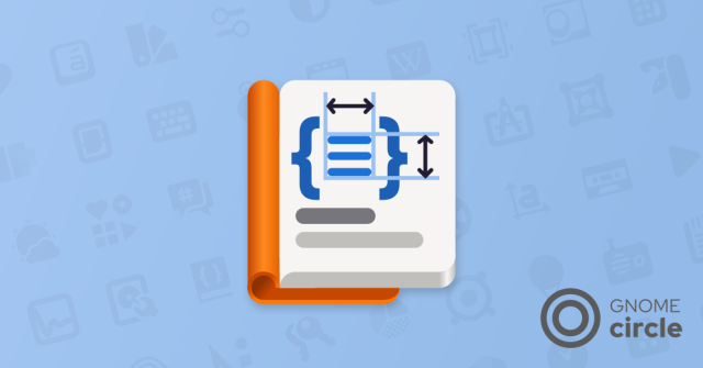 Biblioteca's app icon displayed on a blue background. The icon resembles an open book with an orange cover. In the bottom right corner of the image, the GNOME Circle logo is displayed.