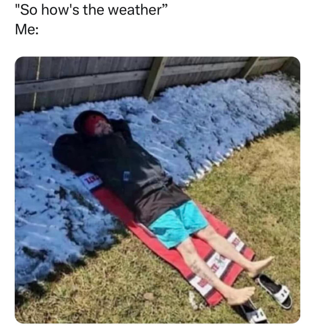"So how's the weather" Me: (upper body wearing a coat and lying in the snow, lower body in shorts and getting sunshine)