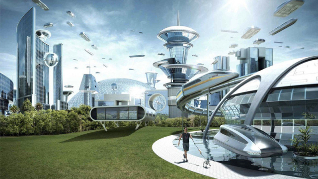 futuristic image of a city with advanced building and flying cars.