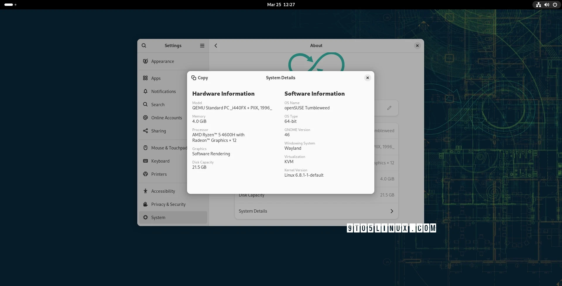 Screenshot of the GNOME 46 desktop environment on openSUSE Tumbleweed showing the System Details dialog in Settings.