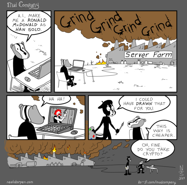 panel 1: Badger sits in front of a laptop. Badger: A.I., make me a Ronald McDonald as Han Solo.
panel 2: A cord runs from Badger's laptop to a large industrial building in the background, labeled Server Farm. It sends huge clouds of brown smoke into the air and goes GRIND GRIND GRIND GRIND
panel 3: A Ronald McDonald Han Solo appears on Badger's screen. Badger: ha ha!
panel 4: Skunk, with beret, palette and brush: I could have drawn that for you. Badger: This way is cheaper.
panel 5: Badger, holding a phone: Oh, fine. Do you take crypto?
A cord runs from Badger's phone to another giant server farm, sending up more huge clouds of brown smoke.