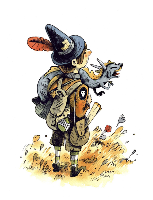 Boy with small dragon looking ahead