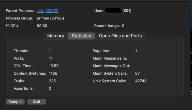 detailed process information for a simple program to find prime numbers, written in C++.  It has 1 thread, 1 page in, and 11 ports open, 0 Mach messages in/out.  The program has a CPU time of 13.50, the process has triggered 1185 context switches, has triggered 225 page faults, 67 Mach system calls, and 42748 Unix system calls.