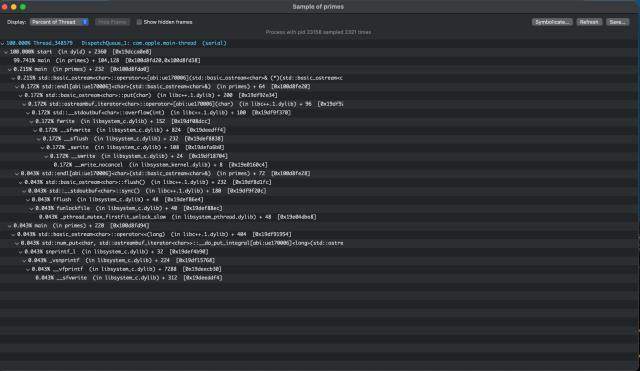 A snapshot from the profiler for the primes calculator.  It shows the program spends 99.741% of it's time in main(), with the other 0.215% of the time spent inside std::basic_ostream printing to the console.  This is then further broken down into std::endl and other functions to output chars.