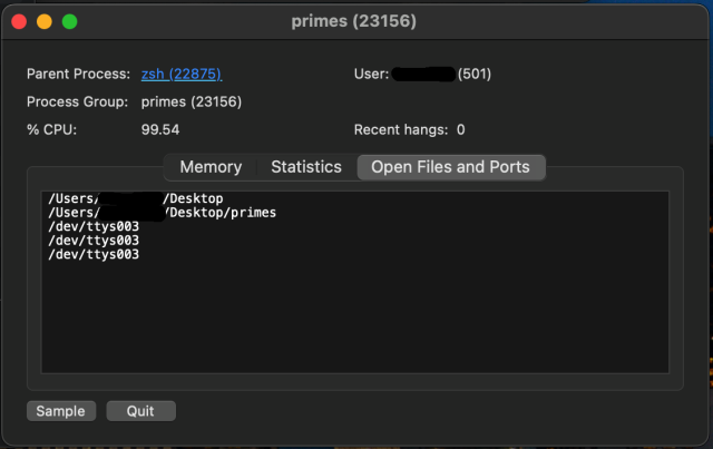 Open files for the primes program.  The only files open are $HOME/Desktop, $HOME/Desktop/primes, and /dev/ttys003