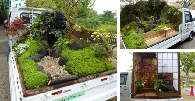 Collage of photos of Japanese kei trucks with a miniature garden on top of the flatbed.