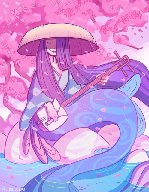 Illustration of a mermaid on a lake shore, playing the shamisen. She is wearing a kimono, her expression is peaceful and content. In the background the cherry trees are flowering and the pink petals float with the wind.