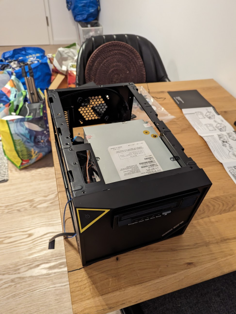 A Sharkoon mITX case with an emtpy LTO-6 tape drive