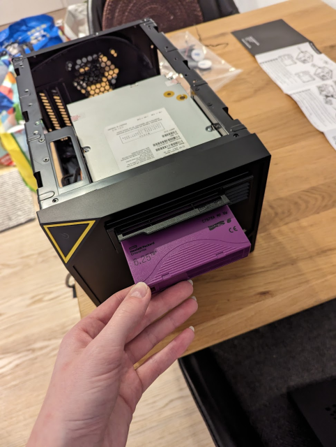 A Sharkoon mITX case with an non-empty LTO-6 tape drive