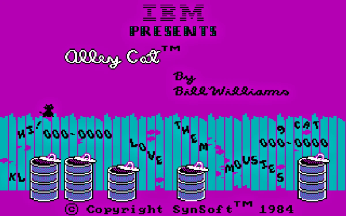 PC-CGA screenshot for:
    Alley Cat

All screens use 4 color white/cyan/magenta/black palette, with magenta as the predominant color.