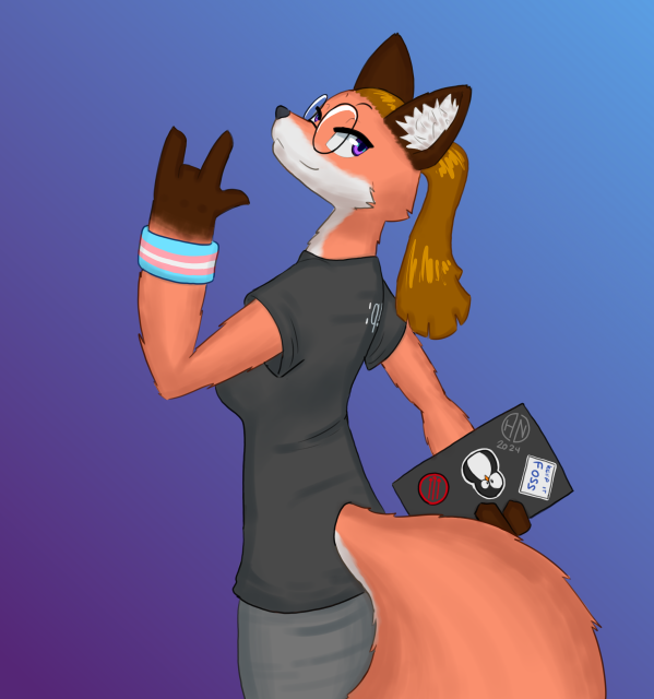 Xenia, the Linux mascot, looking over her shoulder and throwing horns. She wears a graphic tee with a vim quit command on it, and an armband with the trans pride flag on it. She carries a closed laptop with various stickers on it: one with Tux the penguin, one saying "Keep it FOSS", and one of the Three Arrows symbol.
