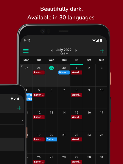 The Tuta Calendar on a phone in dark theme