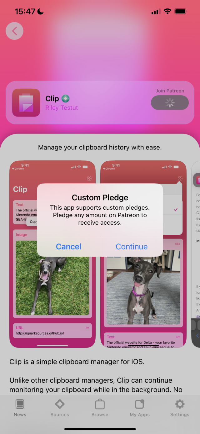 Installation prompt: ‘this app supports custom pledges. Pledge any amount in Patreon to receive access’