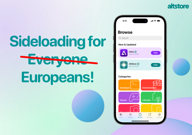 Promo image showing AltStore screenshot and text: "Sideloading for Everyone" with "Everyone" crossed out and replaced with "Europeans!"

