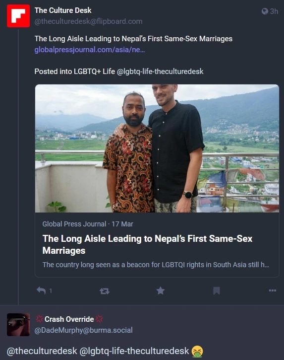 An news post on Mastodon with the headline "The Long Aisle Leading to Nepal’s First Same-Sex Marriages".

Dade Murphy responded with a sick emoji