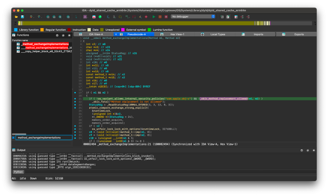 Screenshot of IDA Pro decompilation of dyld_shared_cache_arm64e, showing objc4 loaded and displaying method_exchangeImplementations. The line with _objc_method_replacement_allowed is highlighted and focused.

void __cdecl method_exchangeImplementations(Method m1, Method m2)
{

  // [snip]

  if ( m1 && m2 )
  {
    if ( !os_variant_allows_internal_security_policies("com.apple.obj-c") && !_objc_method_replacement_allowed(m1, m2) )
      _objc_fatal("Method replacement is not allowed");
  // [snip]