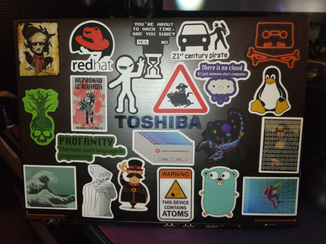 This is a Toshiba laptop nearly covered with stickers. These include a stylized Edgar Alan Poe, an older Red Hat logo, 'You're about to Hack Time. Are you sure? Yes/No," 21st century pirate with a stick figure with a parrot entering a car, a sad cloud with the words 'There is no cloud. it's just someone else's computer," a Tux, "Profanity. The most used language in programming," and a 'Warning: this device contains atoms,' among others. There are also two stickers with binary overlays over art (the Mona Lisa) and misc. graphics.