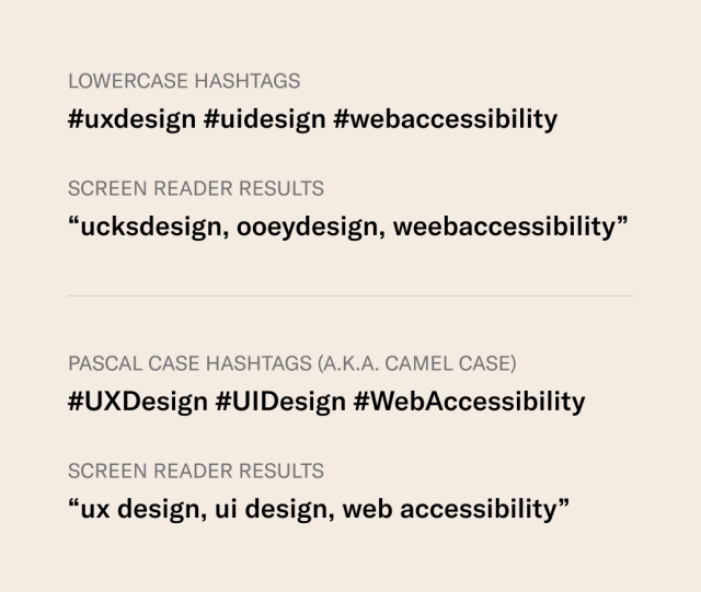 Text-only chart. 1) Lowercase hashtags: #uxdesign #uidesign #webaccessibility / Screen reader results: “ucksdesign, ooeydesign, weebaccessibility” 2) Pascal case hashtags (a.k.a. camel case): #UXDesign #UIDesign #WebAccessibility / Screen reader results: “ux design, ui design, web accessibility”