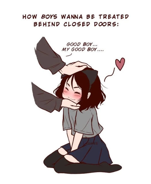How BOYS wanna be treated behind closed door:

Someone patting a feminine person, who's leaning in and loving it, while the person says "Good boy... my good boy..."