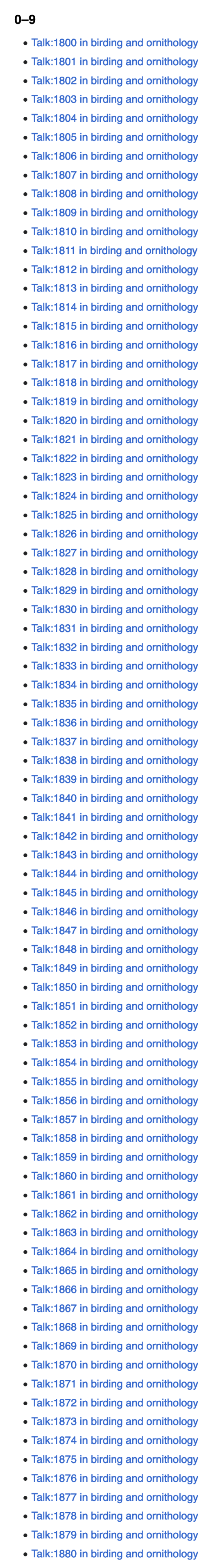 a page for every year between 1800 and 1880 for "year number in birding and ornithology"